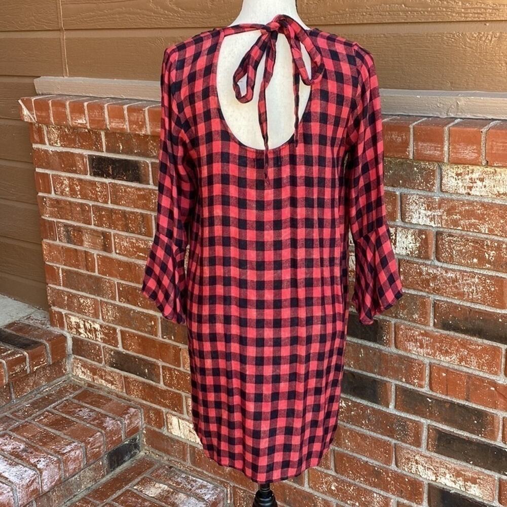 Cloth & Stone Red Buffalo Check Bell Sleeve Midi Dress Anthropologie Small - Picture 5 of 7